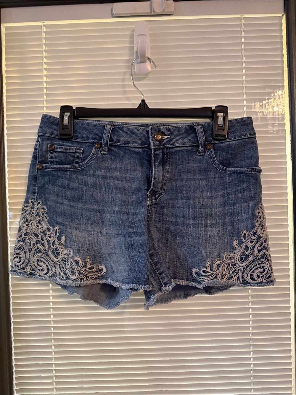 Cache Blue Denim Shorts with White Lace Accent